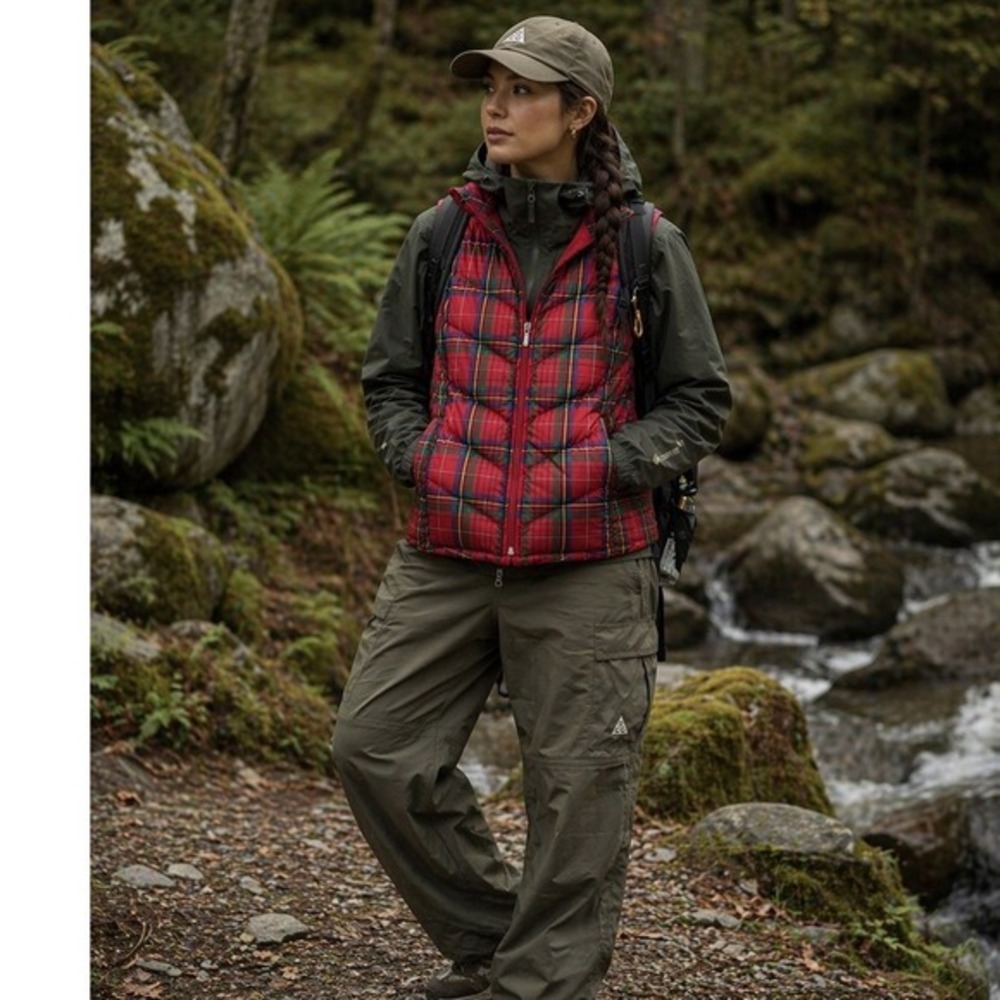 Lands End Women Red Tartan Plaid Down Puffer Vest Gorpcore Preppy Holiday Size S